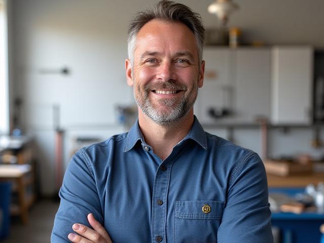 Gerald Bild, founder of Home Repair, smiling in a clean workshop.