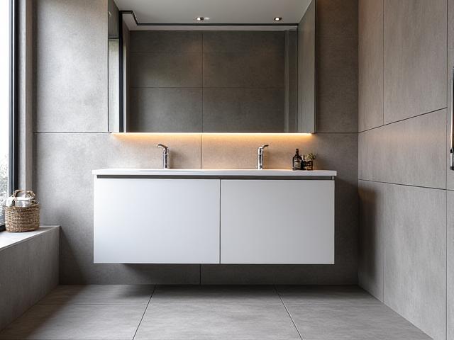 Elegant bathroom tiling with new vanity. Before and after view.