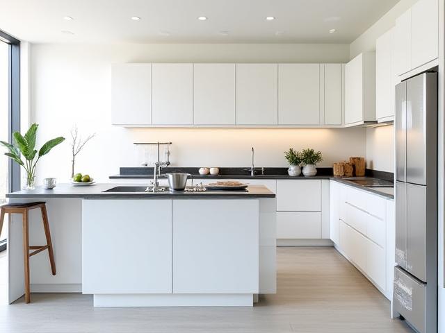 Modern kitchen renovation with new cabinets and island. Before and after view.