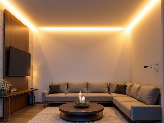 Modern recessed lighting installation in a living room.
